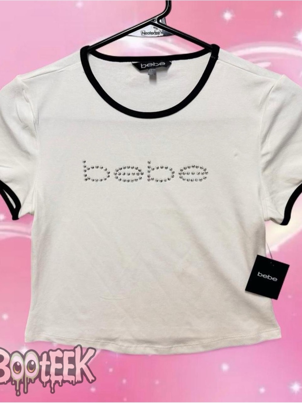 bebe White Tee with Black Trim and Crystal Logo